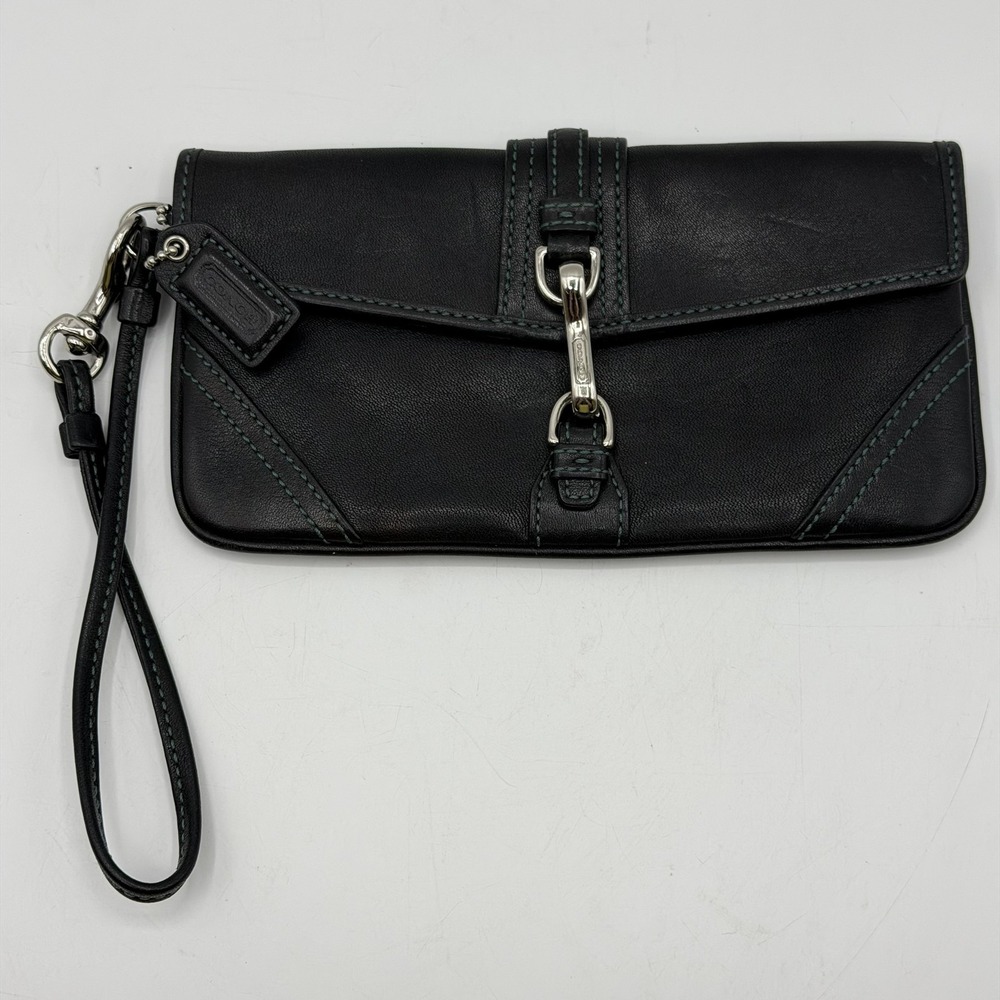 RARE VINTAGE COACH BLACK‎ LEATHER WRISTLET HOOK CLASP CLUTCH CONTRAST STITCH